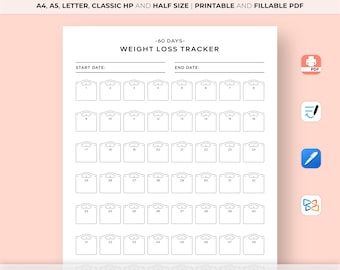 Könnte beinhalten: Druckbarer 60-Tage-Gewicht-Tracker mit einem Waagendesign für jeden Tag. Der Tracker ist in Schwarzweiß und hat ein schlichtes Design. Er enthält Platz für Start- und Enddatum.