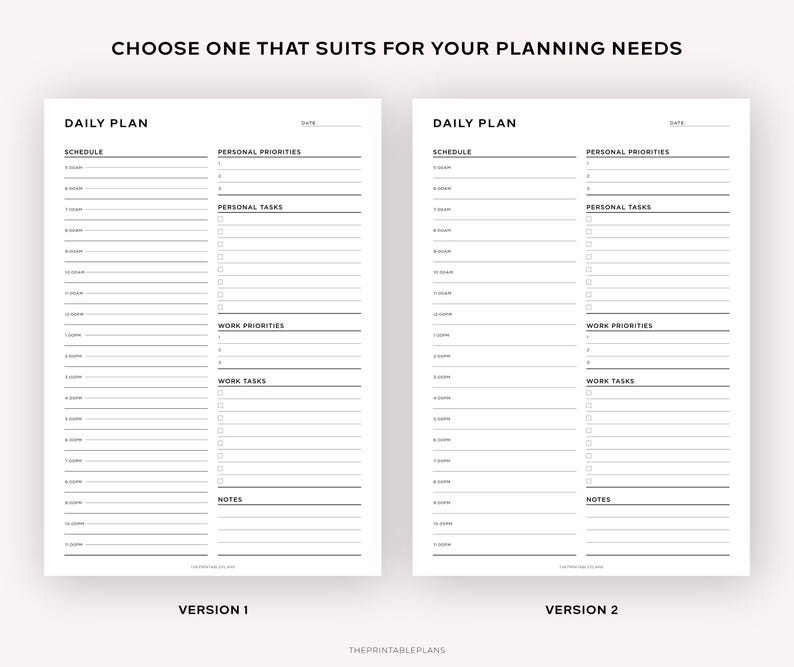 May include: Two black and white printable daily planner templates. The left template is labeled "Version 1" and the right template is labeled "Version 2". Both templates have sections for schedule, personal priorities, personal tasks, work priorities, work tasks, and notes.
