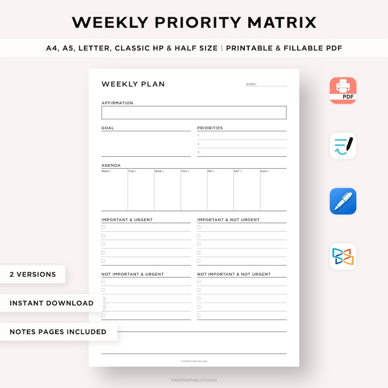 Task Priority Matrix, Weekly Planner Printable, Weekly Productivity ...