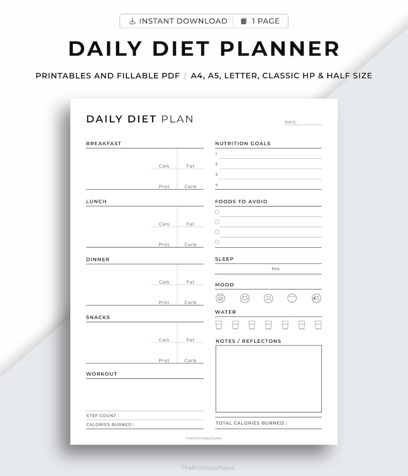 May include: A black and white printable daily diet planner with sections for breakfast, lunch, dinner, snacks, workout, nutrition goals, foods to avoid, sleep, mood, water, and notes. The planner includes spaces to track calories, fat, protein, and carbohydrates.