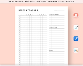 Stress Tracker Printable, Monthly Stress Log, Stress Severity Tracker, Stress Tracker Journal, Mental Health Care, A4/A5/Letter/Classic/Half
