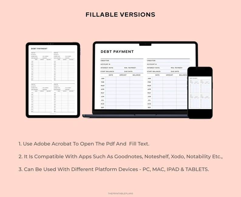 May include: A digital illustration of three different versions of a debt payment tracker. The tracker is designed to be filled out digitally. The illustration shows the tracker on a laptop, tablet, and smartphone.