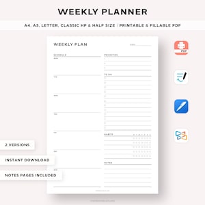 Weekly Planner Printable, Weekly Agenda, Weekly Schedule Organizer, Week At a Glance, To Do List, Task Planner, A4/A5/Classic HP/Letter/Half