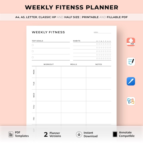 Weekly Fitness Planner Printable, Meal Planner, Diet Planner, Workout Tracker, Calorie Tracker, Health Planner, Habit Tracker, A5 Insert