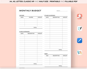 Monthly Budget Planner Printable, Budget Tracker Template, Finance Overview, Expense Tracker, Income Tracker, A4/A5/Letter/Classic/Half Size