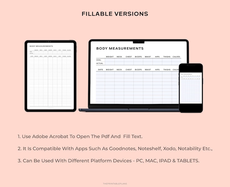 May include: A digital body measurements chart displayed on a tablet, laptop, and smartphone. The chart includes sections for weight, neck, chest, biceps, waist, hips, thighs, and calves. Text at the top reads "FILLABLE VERSIONS" and "BODY MEASUREMENTS".