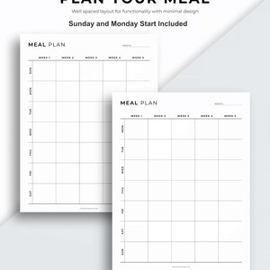 Op de afbeelding: Twee witte maaltijdplan sjablonen met een rasterindeling voor wekelijkse maaltijdplanning. De tekst "PLAN YOUR MEAL" en "Sunday and Monday Start Included" staan bovenaan. Elke sjabloon heeft de woorden "MEAL PLAN" en "WEEK 1" tot "WEEK 5".