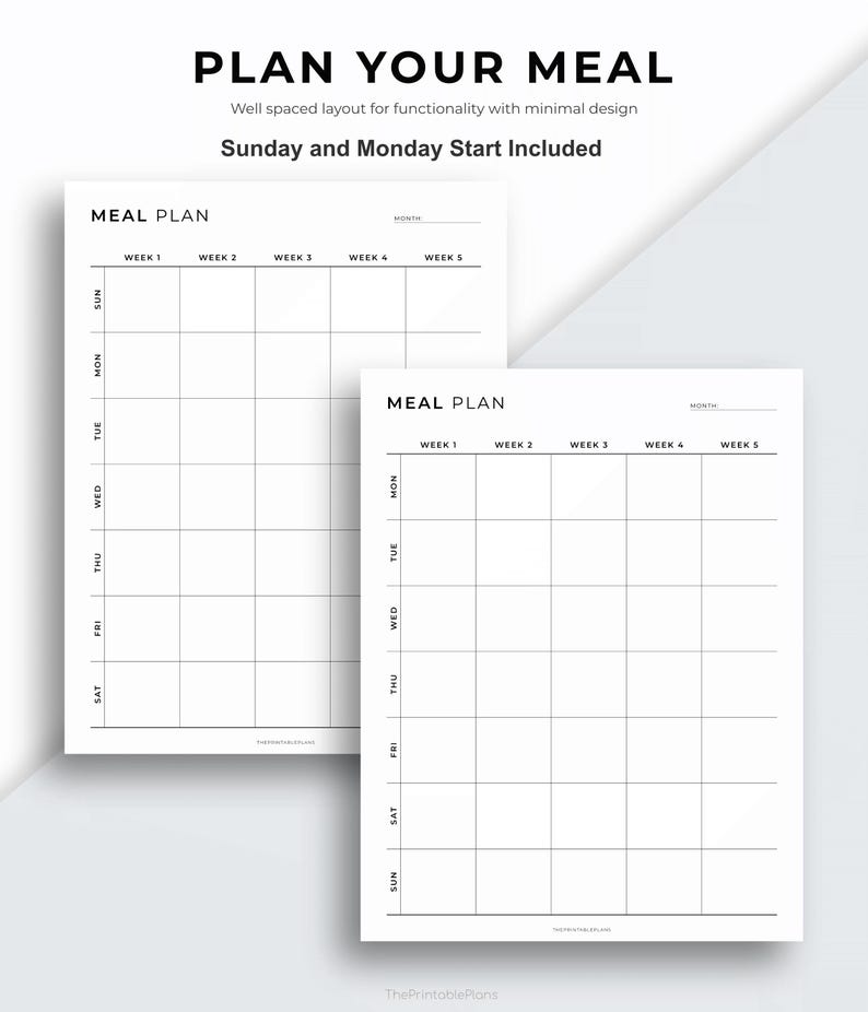 Op de afbeelding: Twee witte maaltijdplan sjablonen met een rasterindeling voor wekelijkse maaltijdplanning. De tekst "PLAN YOUR MEAL" en "Sunday and Monday Start Included" staan bovenaan. Elke sjabloon heeft de woorden "MEAL PLAN" en "WEEK 1" tot "WEEK 5".