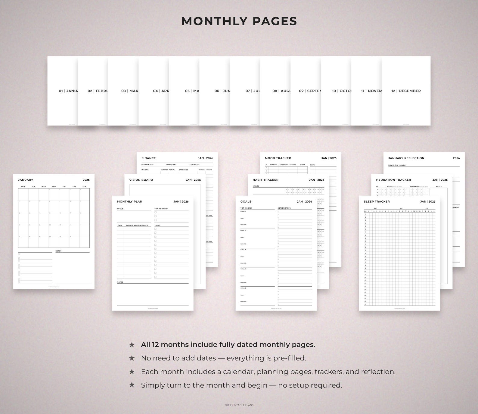 2026 Dated Planner Printable, Daily Weekly Monthly Pages, Year at a ...