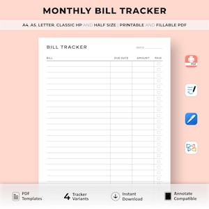 Monthly Bill Tracker Printable, Bill Payment Checklist, Bill Organizer, Finance Planner A4/A5/Letter/Classic/Half Size, Instant Download PDF