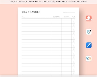 Monthly Bill Tracker Printable, Bill Payment Checklist, Bill Organizer, Finance Planner A4/A5/Letter/Classic/Half Size, Instant Download PDF