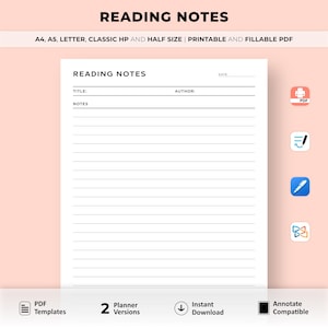 Modèle de notes de lecture imprimable, notes de livre imprimables, journal de lecture imprimable, A4/A5/Lettre/classique HP/demi-taille, téléchargement immédiat au format PDF