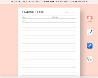 Reading Notes Template Printable, Book Notes Printable, Reading Log Printable, A4/A5/Letter/Classic HP/Half Size, Instant Download PDF