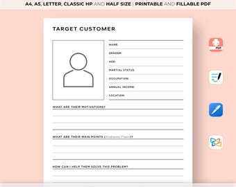 Plantilla de cliente objetivo imprimible, audiencia objetivo ideal, hoja de trabajo de perfil de cliente en formato PDF, plan de marketing para pequeñas empresas, descarga instantánea
