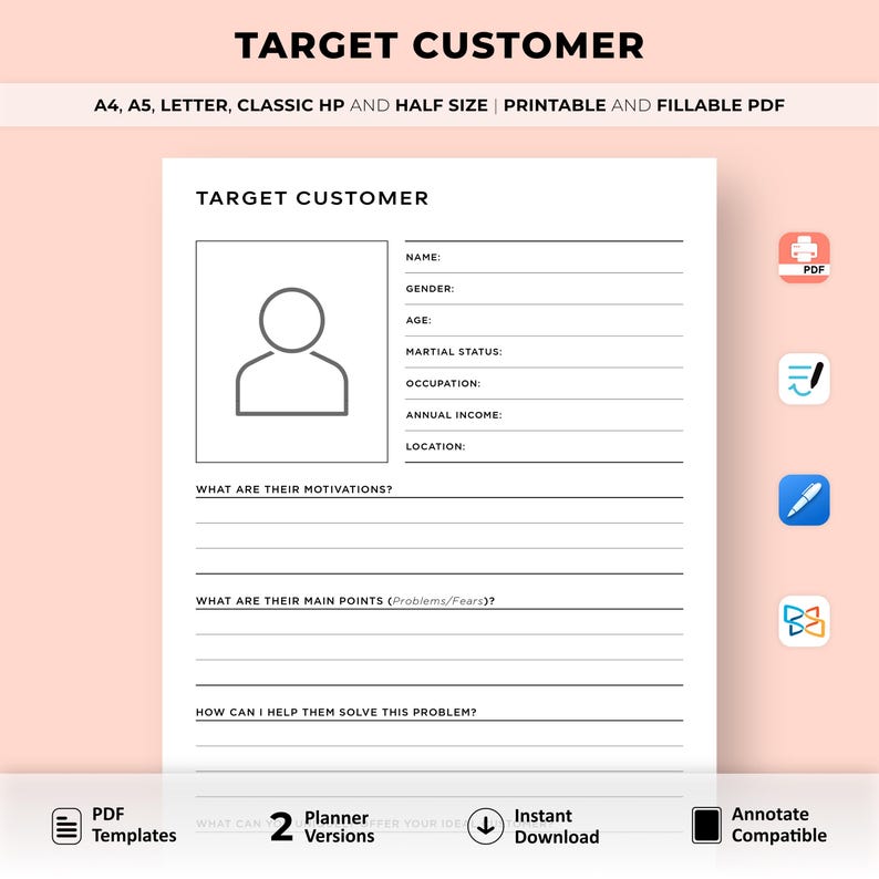 Target Customer Template Printable, Ideal Target Audience, Customer ...