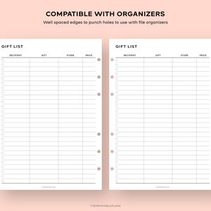 May include: Two printable gift list pages with a checklist, recipient, gift, store, and price columns. The pages are designed to be compatible with organizers and have holes punched along the side.