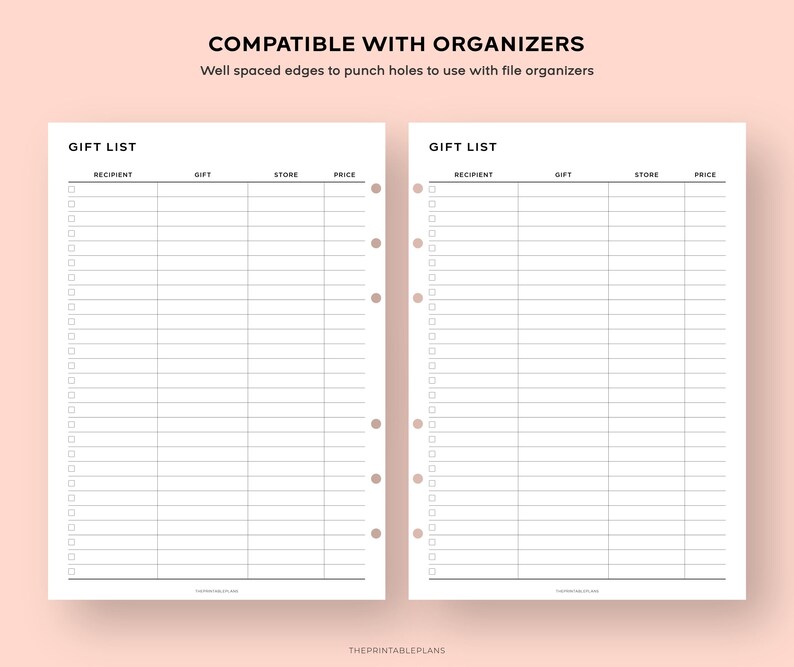 May include: Two printable gift list pages with a checklist, recipient, gift, store, and price columns. The pages are designed to be compatible with organizers and have holes punched along the side.