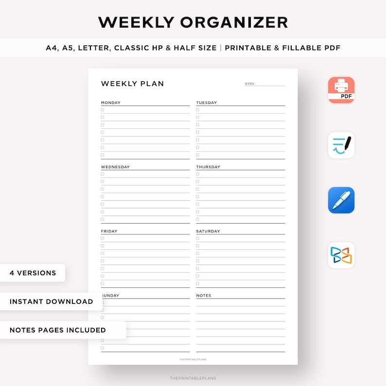 May include: A black and white printable weekly planner with a simple design. The planner is divided into seven days of the week, with space for notes. The text "WEEKLY PLAN" is at the top of the planner.