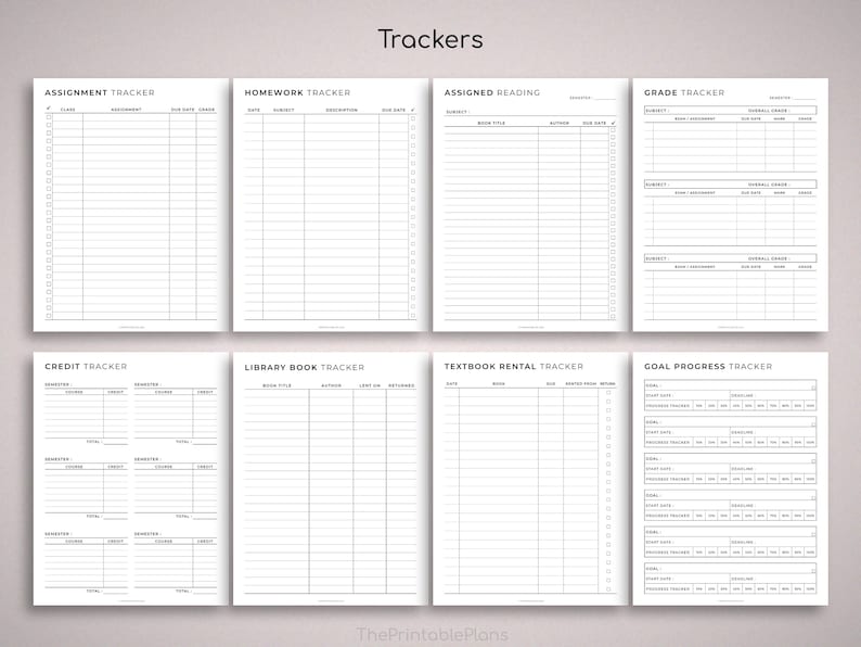 May include: A set of printable trackers for school and personal use. The trackers include assignment, homework, reading, grade, credit, library book, textbook rental, and goal progress trackers.