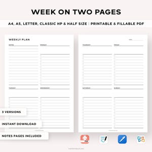 Weekly Planner On Two Pages, Weekly Schedule Organizer, To Do List, Week At a Glance, Task Planner, GoodNotes PDF, Printable & Fillable