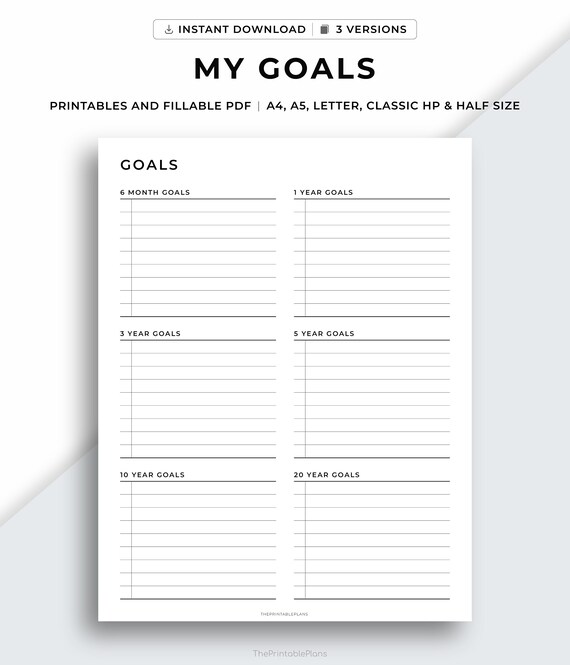 Goal Planner Printable, Goal Setting Planner, Long Term Goals, Productivity Planner, A4/A5/Letter/Classic HP/Half Size, Instant Download PDF