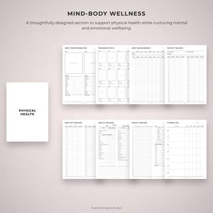 May include: A white planner with the words "PHYSICAL HEALTH" on the cover. The planner is open to several pages with charts and tables for tracking body measurements, weight, and fitness. The text "MIND-BODY WELLNESS" is at the top.