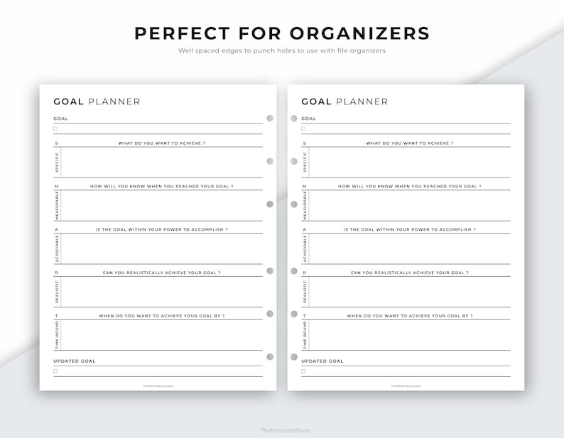 Puede incluir: Un planificador de objetivos imprimible con dos p&aacute;ginas. Cada p&aacute;gina tiene una lista de verificaci&oacute;n para establecer objetivos utilizando el m&eacute;todo SMART: Espec&iacute;fico, Medible, Alcanzable, Realista y Con Tiempo Definido. La lista de verificaci&oacute;n incluye preguntas para ayudarte a definir tus objetivos y hacer un seguimiento de tu progreso.