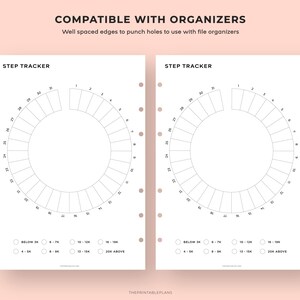 Puede incluir: Dos p&aacute;ginas blancas de planificador de seguimiento de pasos con un dise&ntilde;o circular, numeradas del 1 al 31. Las p&aacute;ginas incluyen el texto "Step Tracker" y "Compatible con organizadores". La parte inferior de las p&aacute;ginas tiene casillas de verificaci&oacute;n para objetivos de pasos.