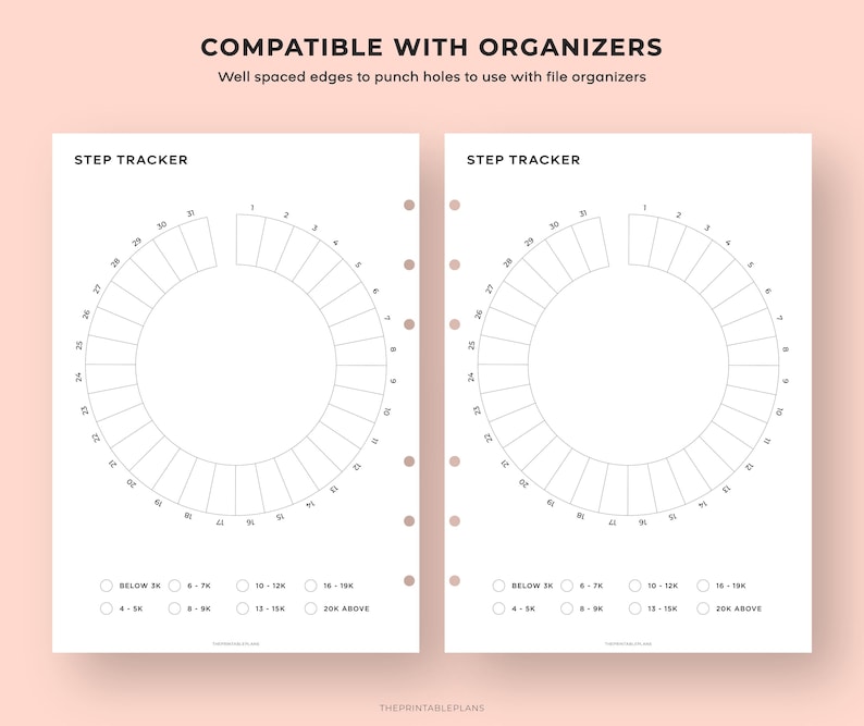 Puede incluir: Dos p&aacute;ginas blancas de planificador de seguimiento de pasos con un dise&ntilde;o circular, numeradas del 1 al 31. Las p&aacute;ginas incluyen el texto "Step Tracker" y "Compatible con organizadores". La parte inferior de las p&aacute;ginas tiene casillas de verificaci&oacute;n para objetivos de pasos.