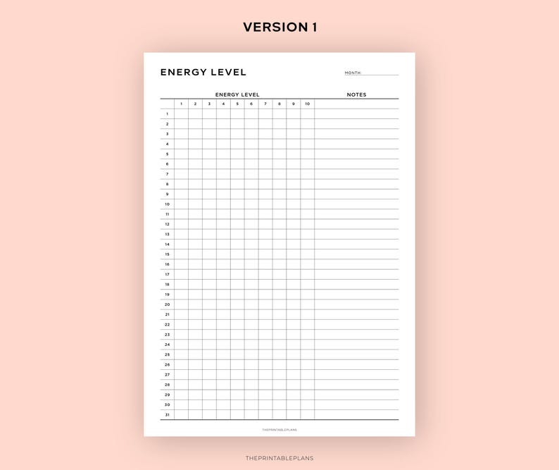 May include: A white printable planner page with the title "ENERGY LEVEL" at the top. The page is divided into a grid for tracking energy levels, with numbers 1-10 across the top and numbered rows down the side. The bottom of the page has the text "THEPRINTABLEPLANS".