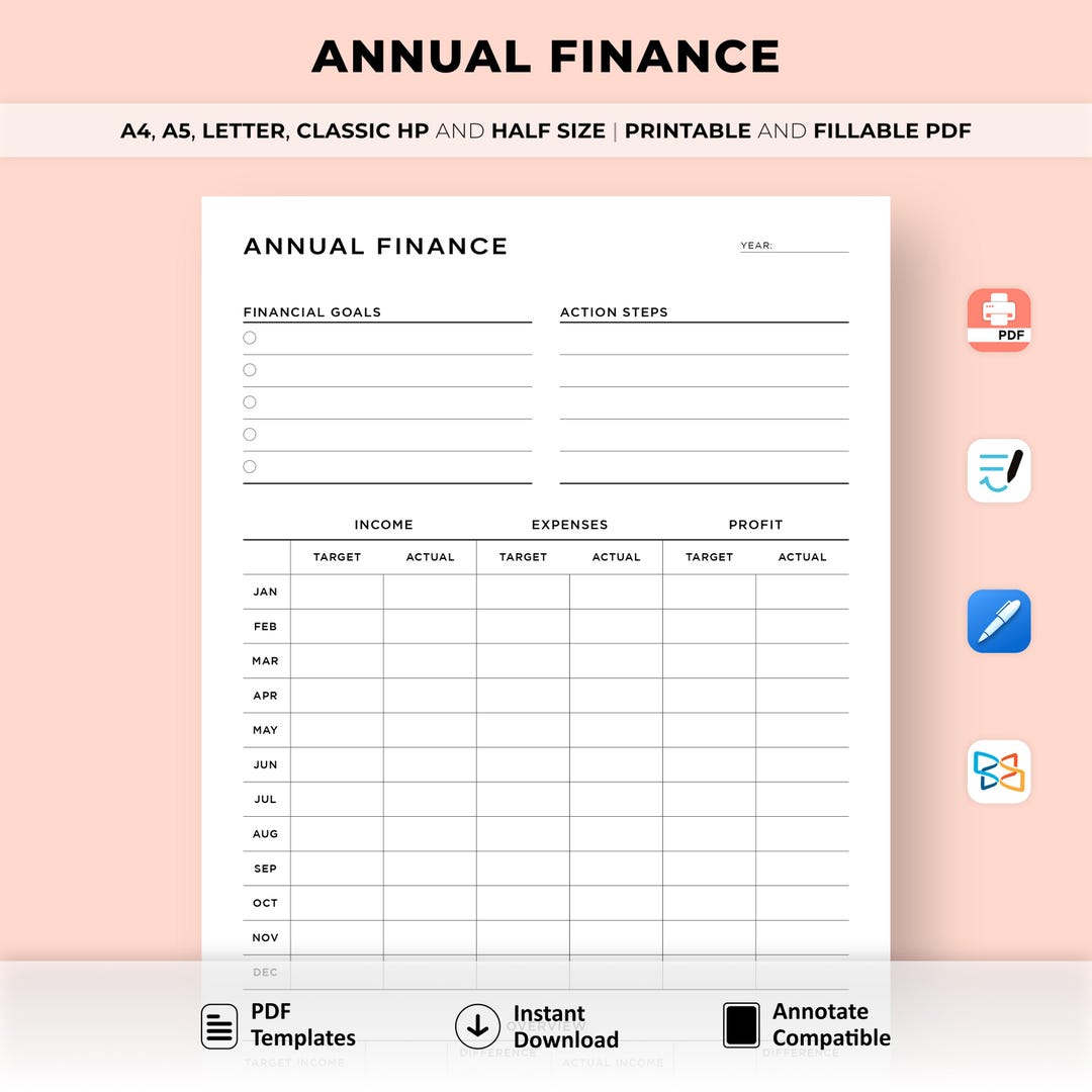 Annual Finance Planner Printable, Business Yearly Finance Overview ...