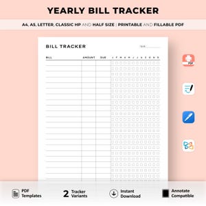 Yearly Bill Tracker Printable, Bill Payment Checklist, Bill Organizer, Finance Planner A4/A5/Letter/Classic/Half Size, Instant Download PDF