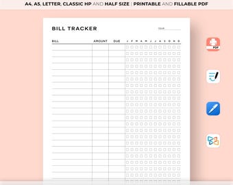 Yearly Bill Tracker Printable, Bill Payment Checklist, Bill Organizer, Finance Planner A4/A5/Letter/Classic/Half Size, Instant Download PDF