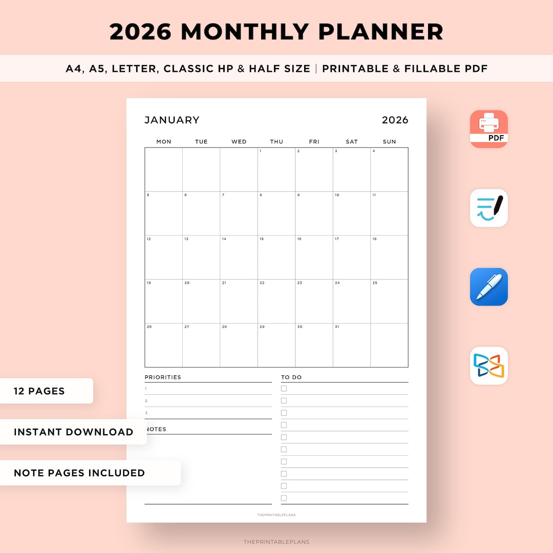 2026 Monthly Planner Printable, 2026 Calendar, Month at a Glance