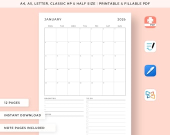 2026 Monthly Planner Printable, 2026 Calendar, Month at a Glance, Monthly Organizer, Productivity Planner, A4/A5/Letter/Classic/Half Size