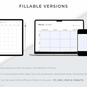 Op de afbeelding: Digitaal maaltijdplan sjabloon weergegeven op een tablet, laptop en smartphone. De tekst "FILLABLE VERSIONS" staat bovenaan. De indeling van het maaltijdplan omvat secties voor ontbijt, lunch, diner en snacks. De tekst "MEAL PLAN" is zichtbaar.