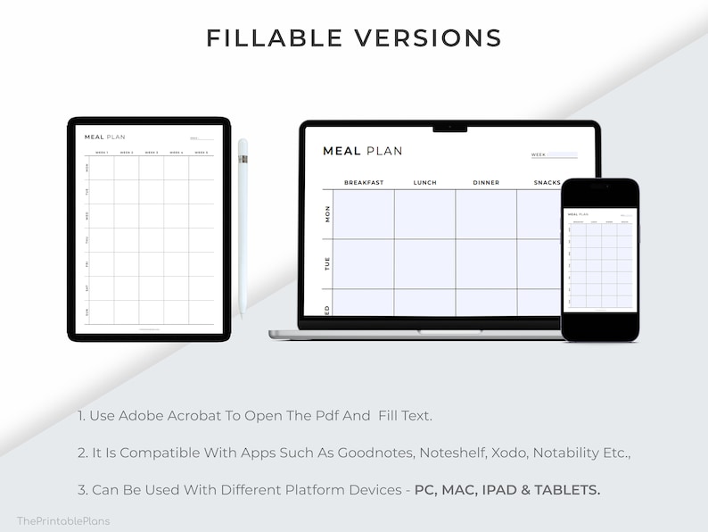 Op de afbeelding: Digitaal maaltijdplan sjabloon weergegeven op een tablet, laptop en smartphone. De tekst "FILLABLE VERSIONS" staat bovenaan. De indeling van het maaltijdplan omvat secties voor ontbijt, lunch, diner en snacks. De tekst "MEAL PLAN" is zichtbaar.