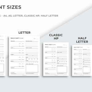May include: Five different sizes of printable daily diet plan templates are shown. The sizes are A4, Letter, Classic HP, Half Letter, and A5.