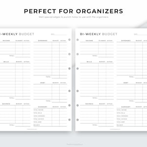 May include: A printable bi-weekly budget planner with sections for income, expenses, bills, debt, savings, and a summary. The planner has a black and white design with a simple, modern aesthetic.