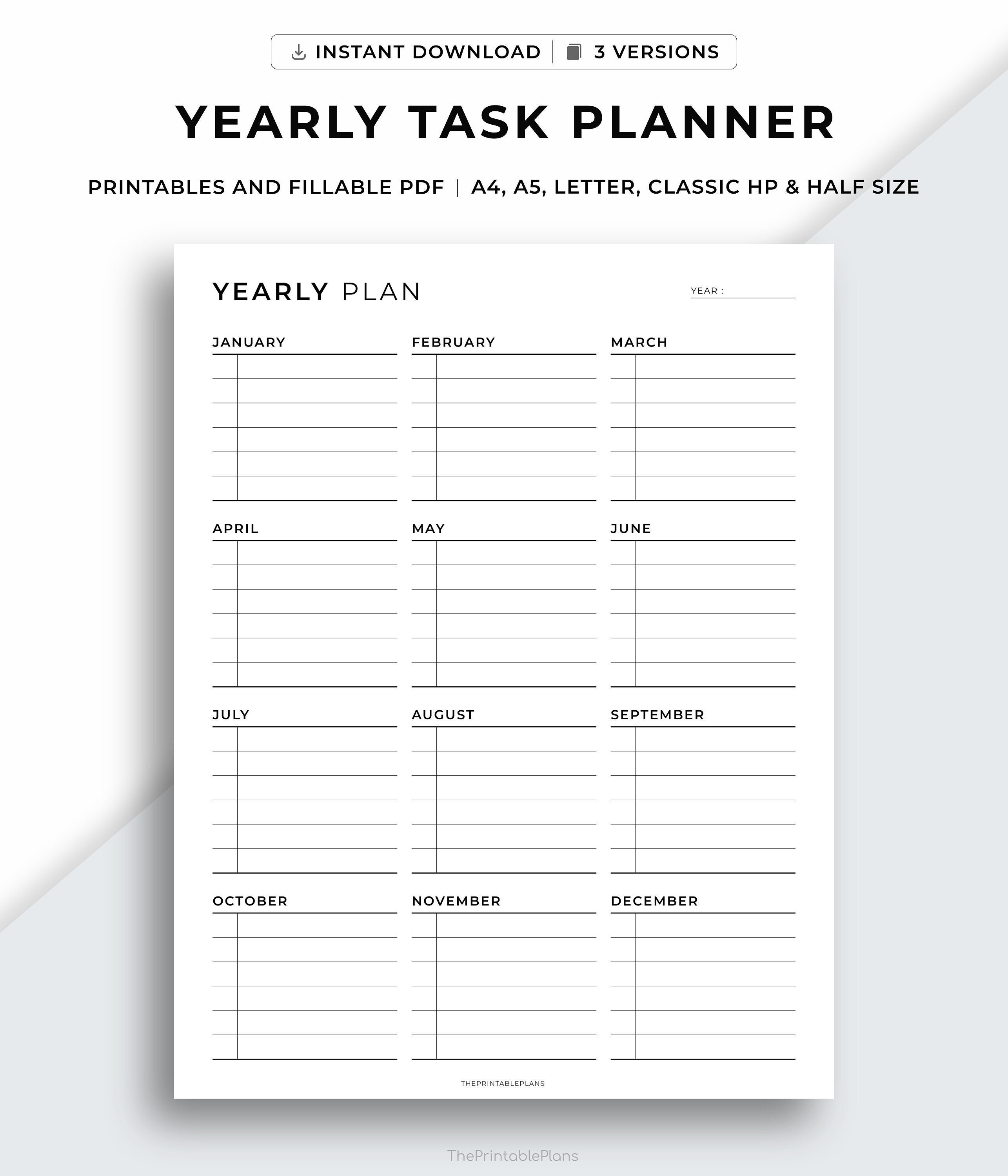 Yearly Tasks, Yearly To Do List, Yearly Planner, Annual Planner, Minimalist Planner, A4/A5/Letter/Classic/Half, Printable & Fillable Pdf