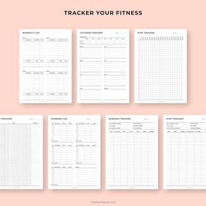 May include: A collection of printable fitness trackers on white paper. The trackers include workout logs, calorie trackers, step trackers, sleep trackers, running logs, and running trackers. The text "TRACKER YOUR FITNESS" is at the top.