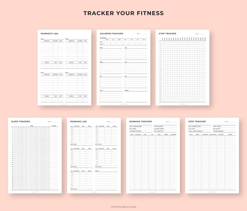 May include: A collection of printable fitness trackers on white paper. The trackers include workout logs, calorie trackers, step trackers, sleep trackers, running logs, and running trackers. The text "TRACKER YOUR FITNESS" is at the top.