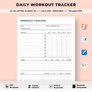 Puede incluir: Un rastreador de entrenamiento imprimible en blanco y negro con secciones para la fecha, el enfoque de entrenamiento, el ejercicio, el cardio y las comidas. El rastreador incluye columnas para el peso, las repeticiones, la distancia, el tiempo, el ritmo, la frecuencia cardíaca, las calorías, las proteínas, las grasas, los carbohidratos y las calorías.