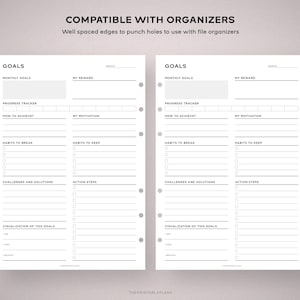 May include: Two white planner pages with a goal-setting layout. The pages have sections for monthly goals, progress tracking, habits, challenges, and visualization. The text "COMPATIBLE WITH ORGANIZERS" is at the top.