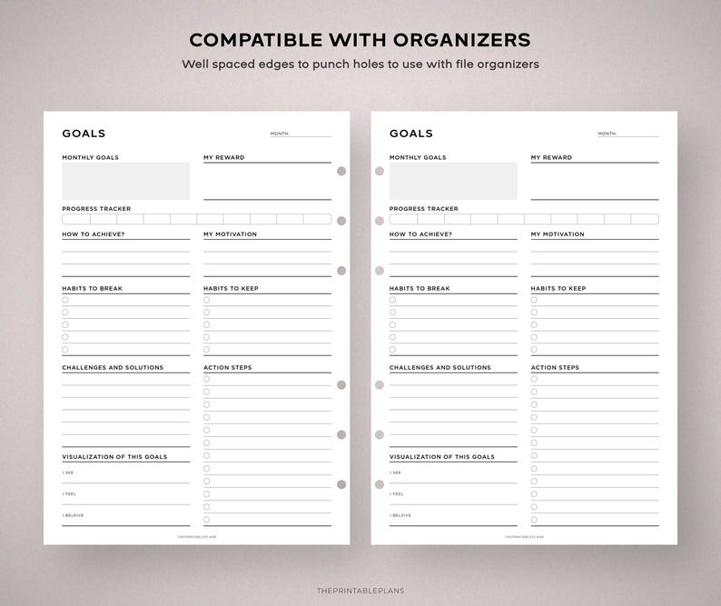 May include: Two white planner pages with a goal-setting layout. The pages have sections for monthly goals, progress tracking, habits, challenges, and visualization. The text "COMPATIBLE WITH ORGANIZERS" is at the top.