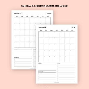 May include: Two minimalist white paper calendars for January 2026, with Sunday and Monday start dates. Each calendar has a grid layout with space for notes, priorities, and to-do lists. The text "SUNDAY & MONDAY STARTS INCLUDED" is at the top.