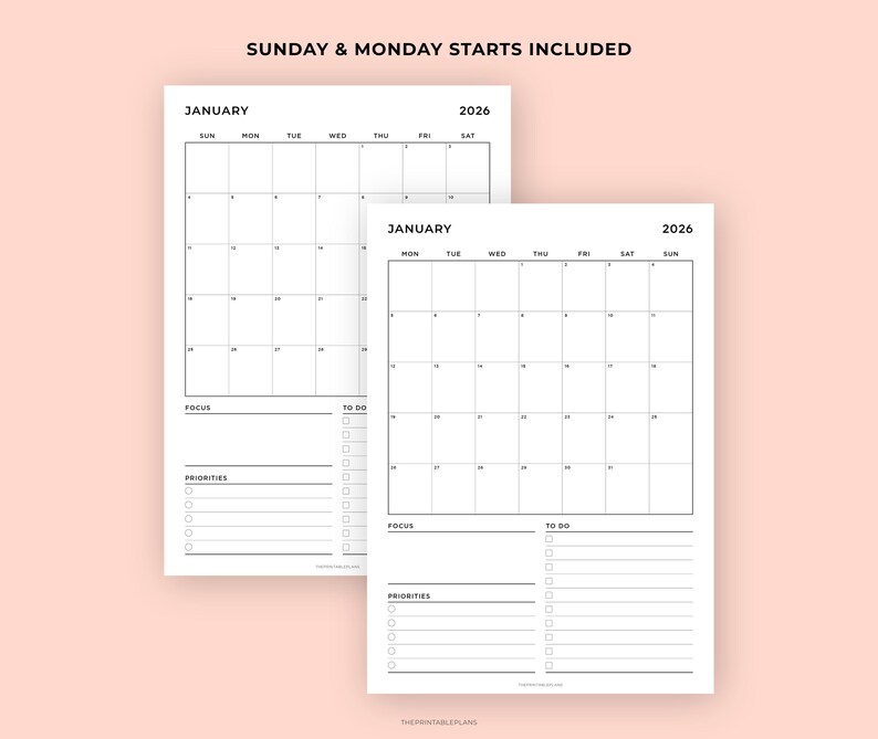 May include: Two minimalist white paper calendars for January 2026, with Sunday and Monday start dates. Each calendar has a grid layout with space for notes, priorities, and to-do lists. The text "SUNDAY & MONDAY STARTS INCLUDED" is at the top.