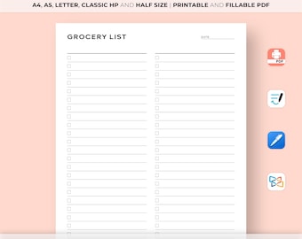 Lista de compras sencilla para imprimir, planificador de listas de compras, lista de compras de alimentos, salud y fitness, tamaño A4/A5/carta/clásico/medio, planificador Goodnotes