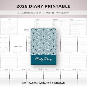 Può includere: Un diario giornaliero stampabile del 2026 con una copertina a fantasia floreale turchese e bianca. Il diario include pagine per appunti, calendari e informazioni di contatto. Il testo sulla copertina recita "Daily Diary". Disponibile in A4, A5, Letter, Classic HP e Half Size.