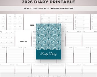 2026 Daily Diary Planner Printable, 2026 Daily Journal Planner, KDP Template, A4/A5/Letter/Classic HP/Half size, Instant Download PDF